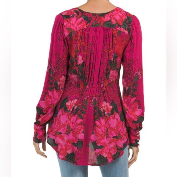 Free People Mikayla Red Pink Floral Hook Closure Blouse  in Scarlett Combo - Picture 3 of 16